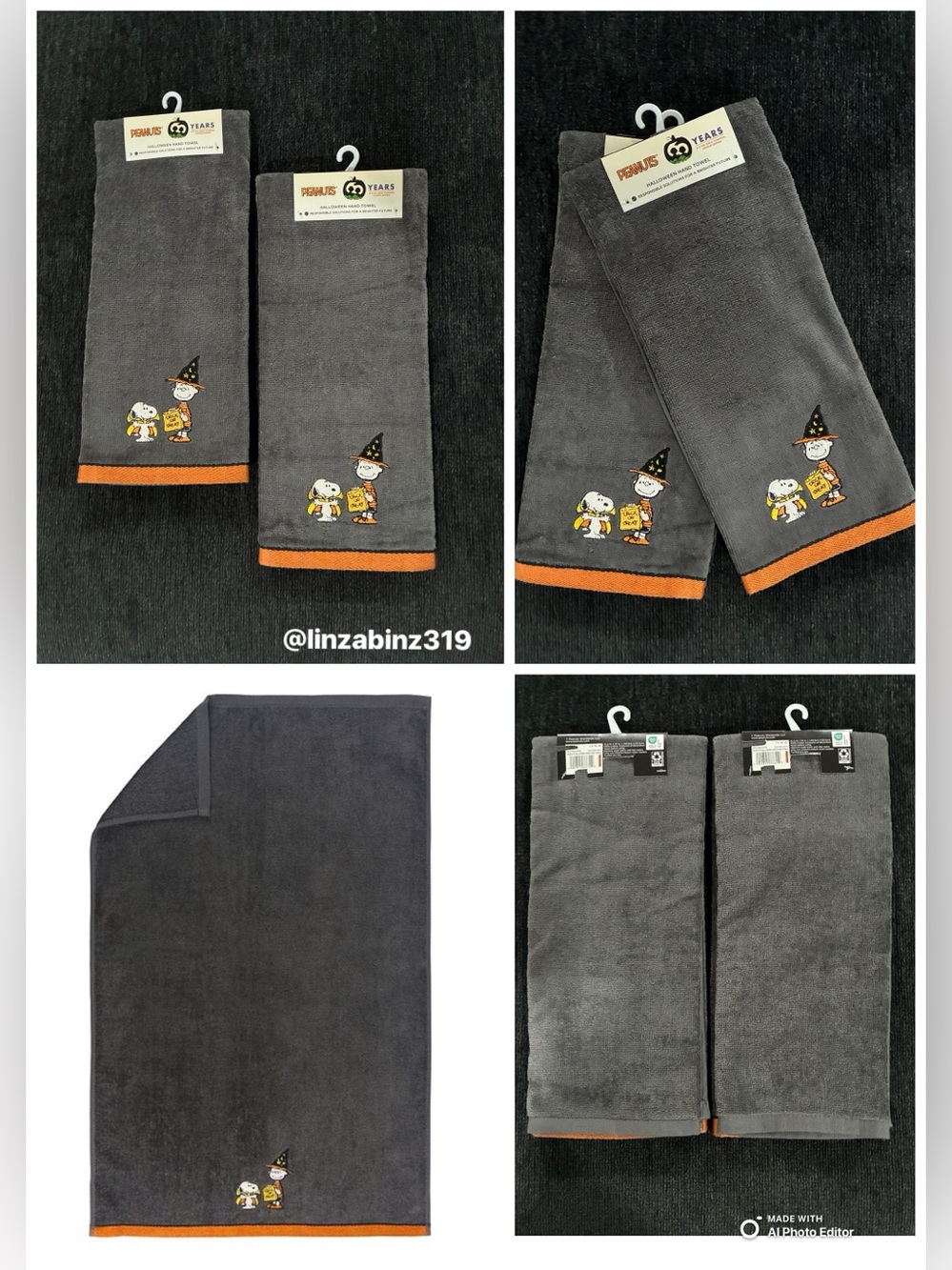 NWT- Peanuts Snoopy & Charlie Brown- Gray & Orange Halloween Hand Towels 25x16